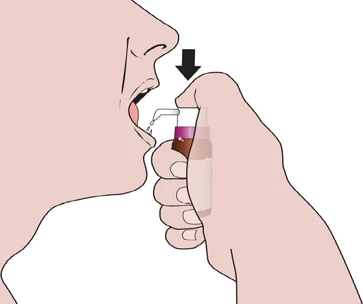 A person's profile with open mouth, holding in hand a small container with dark liquid and spraying it into the oral cavity