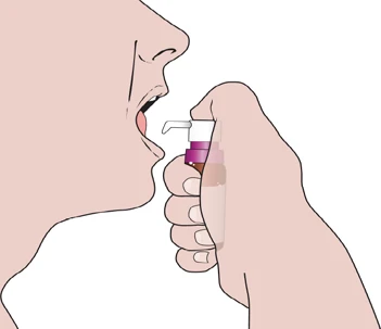 A person's profile with open mouth, hand bringing a small atomizer with pink liquid toward the mouth for oral medication administration