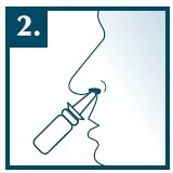 Profilo del viso di una persona con un erogatore per gocce o spray inserito nel naso, su sfondo bianco con il numero due blu in un angolo