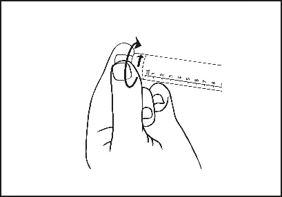 Mano che tiene un righello appoggiato al dito indice, con una freccia nera che indica il movimento rotatorio del dito attorno all'asse del righello