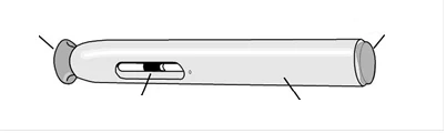 A white, elongated syringe with a viewing window showing the fluid level and black markings indicating individual parts of the device