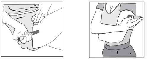 Two black-and-white illustrations showing administration of medication into the thigh and upper arm using a pen-type injector
