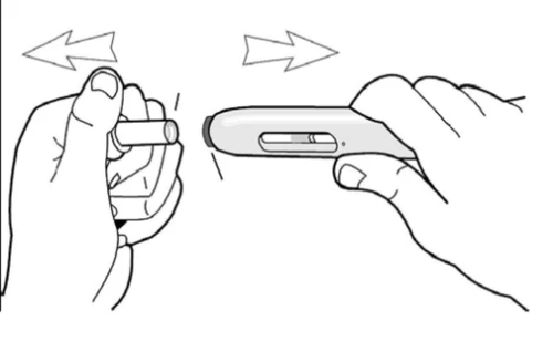 Two hands holding a white syringe, moving it horizontally left and right, indicated by two arrows pointing in opposite directions