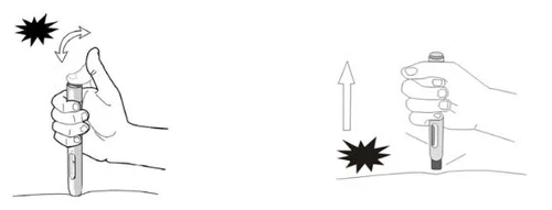 Two illustrations showing hands operating a syringe, with black asterisks symbolizing activation and arrows indicating device movements