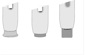 Three schematic drawings of white inhalers showing different degrees of opening, and a view of the device base on a white background