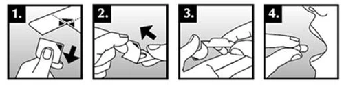 Four instruction diagrams: peeling paper, removing the sticker, preparing the device, and applying the medication to the skin using fingers