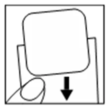 A hand holding a white square object being pushed downward, indicated by an arrow pointing downward