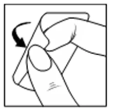 A hand holding a flat package, with the thumb and index finger bending back the corner of the cardboard flap according to a black arrow indicating the direction of movement