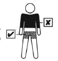Figura humana esquemática con el torso marcado en negro con una cruz y las piernas claras con un símbolo de verificación (marca de confirmación)