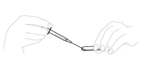 Left hand holding a syringe, right hand stabilizing a rectangular object, preparing to administer medication or perform a procedure