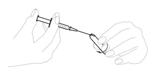 Two hands holding a syringe with a needle being inserted into a glass vial to withdraw medication