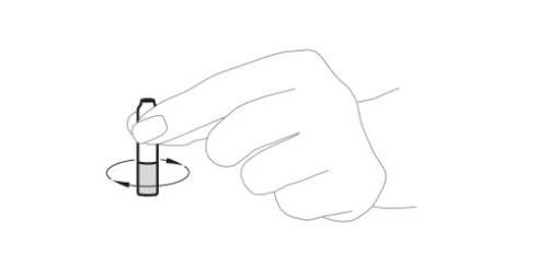 Hand holding a vial vertically, with two curved arrows around it indicating rotational movement of the vial