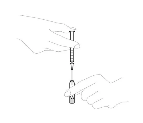Two hands holding a syringe, upper hand gripping the barrel, lower hand using index finger to stabilize the needle during preparation for injection