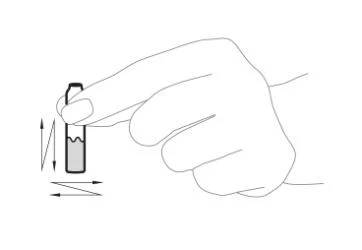 Hand holding a small vial vertically, with arrows indicating up-down and left-right movements