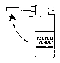 Чорна лінійна іконка, що зображує пляшку з лікарським засобом Tantum Verde з пунктирною стрілкою, яка вказує на рух витягування насадки вгору