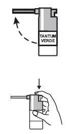 Esquema que muestra la forma de usar el spray Tantum Verde con una mano sujetando el frasco y una flecha indicando el movimiento giratorio del dosificador