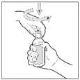 Una mano tiene una boccetta con medicinale mentre l'altra mano avvita il tappo con un movimento rotatorio indicato dalle frecce 1 e 2