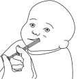 Disegno in bianco e nero che raffigura un neonato che tiene in mano e porta alla bocca un oggetto lungo e sottile simile a un medicinale o una cannula