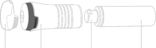 Schematic drawing of a disassembled Ferring medical device consisting of a cap, head, body, and a long medication container
