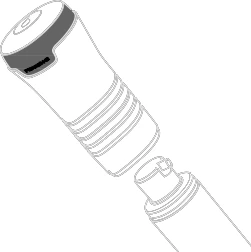 Schematic drawing of a white medical device in the form of a cylindrical syringe with a wide ribbed grip and a dark tip