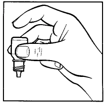 Right hand holding a small bottle with a dropper vertically, preparing it for use or opening