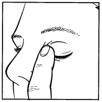 Close-up of a person's face where the index finger gently presses on the closed eyelid below the eyebrow