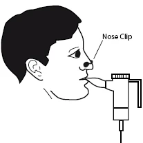 Dibujo en blanco y negro del perfil facial de una persona con un clip nasal colocado y la boca envolviendo la boquilla de un dispositivo médico con tubo