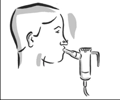 Perfil de la cabeza de un hombre con la boca rodeando la boquilla de un inhalador médico para recibir medicamento en forma de aerosol