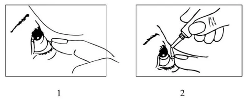 Figure 1 shows a finger retracting the lower eyelid of the eye, and Figure 2 shows a hand holding an eye dropper administering a drop of medication into the eye