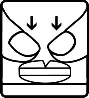 Black and white icon depicting a face with two downward-pointing arrows on the forehead, symbolizing site of drug application or headache