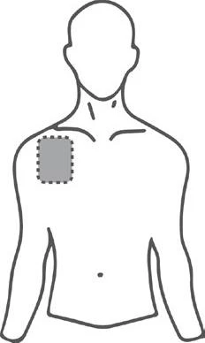 Silhouette maschile con un cerotto rettangolare grigio evidenziato, posizionato sulla parte superiore destra del torace e della spalla