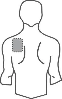Silhouette del tronco umano con un cerotto quadrato grigio evidenziato, posizionato sul braccio destro e sulla parte superiore del torace