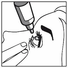 Disegno che mostra un primo piano del volto di una persona con l'occhio aperto e, accanto, l'applicatore del farmaco a forma di tubetto