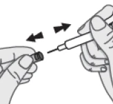 Two hands holding a vial and a syringe with a needle, black arrows indicating left and right movements of the syringe over the vial