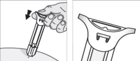 Hand holding an injection device pointed downward toward the skin, and a close-up of the top part of the device showing a characteristic indentation and grip