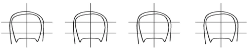 Four identical black line diagrams depicting a silhouette resembling a skull or vessel superimposed on vertical and horizontal coordinate axes