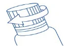 Schematic line drawing showing screwing or unscrewing a medicine bottle cap using a curved arrow indicating the direction of movement