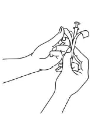 Two hands holding and preparing a syringe with a needle and a medication ampoule for medical administration, depicted in a black-and-white line drawing
