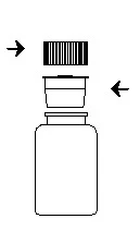 Illustrazione schematica di un flaconcino con due frecce che indicano il tappo e la parte superiore del contenitore, a suggerire il processo di apertura o rimozione