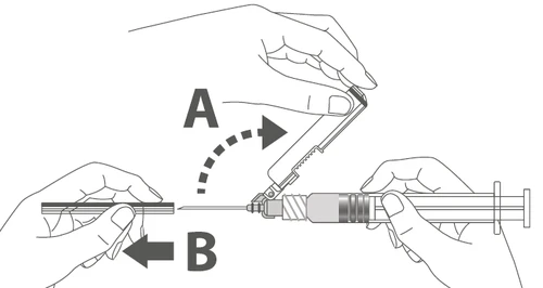 Hands preparing a syringe, one hand holding the needle and the other the syringe, with arrows A and B indicating the motions of attaching the needle and removing the safety cap