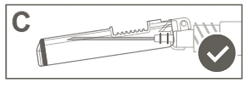 Schematic drawing showing a needle inside the housing of a medical device, with a white checkmark symbol in a dark circle on the right side