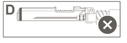 Schematic drawing of a syringe with a needle, featuring a large X in a dark circle indicating incorrect use or assembly