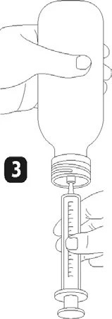 Una mano che tiene una boccetta di medicinale, verso cui si avvicina una siringa con ago per prelevare il farmaco, con accanto un'icona nera con il numero 3