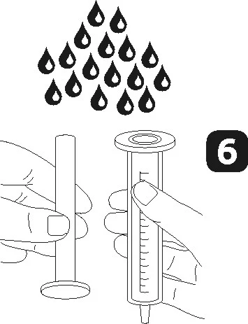 Mani che tengono lo stantuffo e la siringa con una scala graduata, sopra cui fluttuano numerose gocce nere di liquido, con accanto un'icona nera con il numero 6