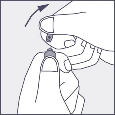 Manos sujetando y desenroscando la parte superior de un dispositivo médico, con una flecha que indica el movimiento de levantar la pieza hacia arriba