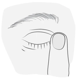 Disegno che mostra un dito indice che tocca un occhio chiuso, con ciglia e sopracciglio visibili, al fine di applicare un medicinale