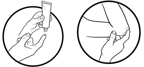 Dos ilustraciones en blanco y negro dentro de círculos que muestran manos exprimiendo una pequeña cantidad de medicamento de un tubo y aplicando el producto en el pliegue del codo