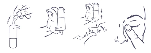 A series of illustrations showing removing the cap from the device, placing the nozzle to the nose, and pressing the dispenser to administer the medication