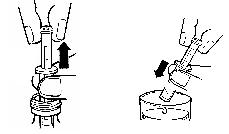 Two hands manipulating a syringe, one pulling the plunger upward while the other tilts the device over a container with a dark directional arrow