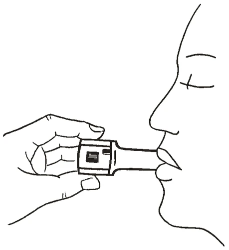 Dibujo que muestra una mano sosteniendo un inhalador aplicado a la boca de una persona de perfil durante la inhalación del medicamento